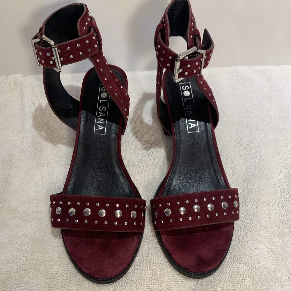 Sol Sana Women's Chunky Heel Sandals Purple Suede Studded Strappy Size 7.5
